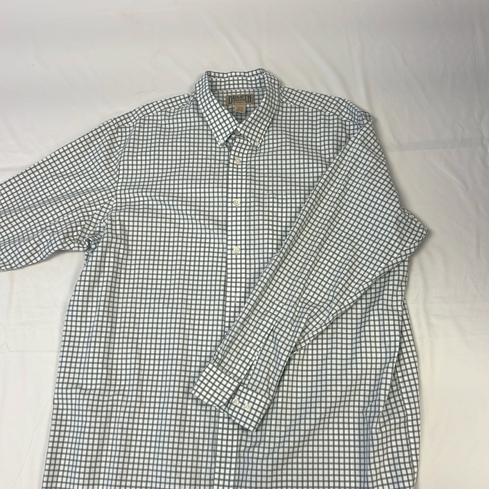 Men’s Duluth Long-sleeve Button Down light khaki and blue accented plaid